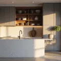 A modern kitchen featuring dove gray flat-panel cabinets, a cloud white quartz waterfall island, and sleek stainless steel appliances, illuminated by golden hour sunlight through floor-to-ceiling windows, with geometric ceramic vessels and fresh herbs on open shelving, captured in photorealistic detail.