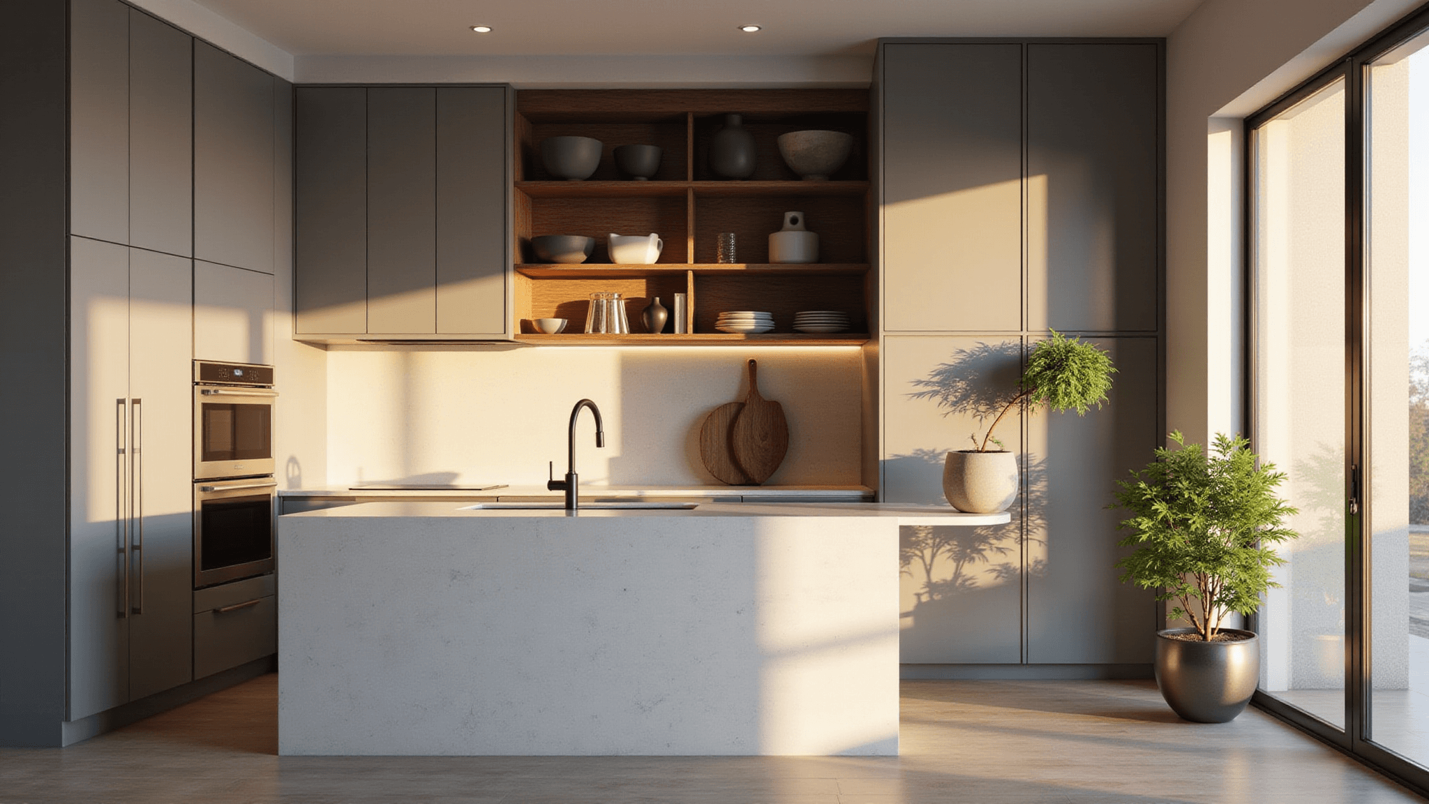 A modern kitchen featuring dove gray flat-panel cabinets, a cloud white quartz waterfall island, and sleek stainless steel appliances, illuminated by golden hour sunlight through floor-to-ceiling windows, with geometric ceramic vessels and fresh herbs on open shelving, captured in photorealistic detail.