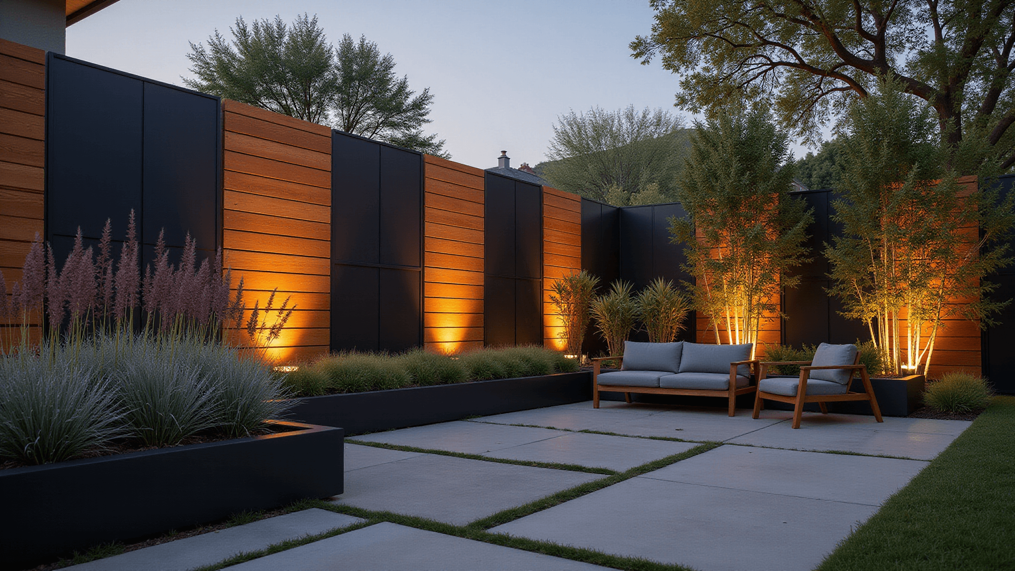 A modern backyard privacy fence featuring charcoal metal panels and cedar slats, with sleek black container gardens and teak lounge furniture on a geometric concrete patio, captured at golden hour with dramatic shadows and a moody atmosphere.