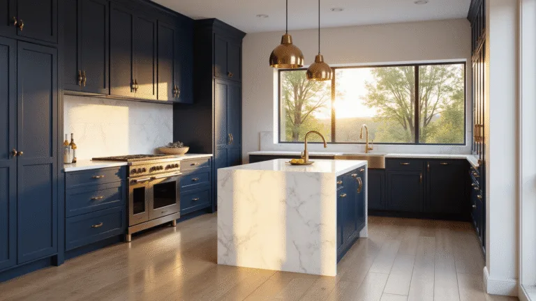 Photorealistic interior of a modern navy kitchen featuring tall shaker cabinets, white Carrara marble island, and light oak herringbone floors, illuminated by warm sunlight through large windows.