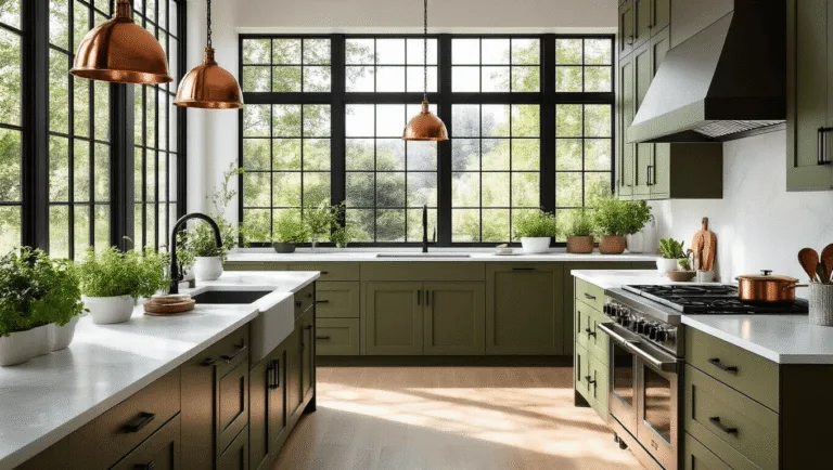 A luxurious modern kitchen featuring olive green shaker cabinets, white quartz waterfall countertops, brass pendant lights, and natural white oak flooring, illuminated by golden hour light.