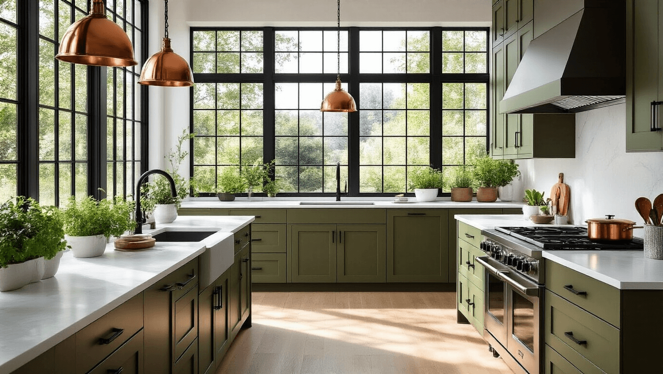 A luxurious modern kitchen featuring olive green shaker cabinets, white quartz waterfall countertops, brass pendant lights, and natural white oak flooring, illuminated by golden hour light.