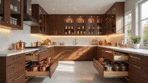 Kitchen Cabinet Organization: Transforming Chaos into Culinary Harmony Photorealistic image of a luxurious modern kitchen with organized walnut cabinets featuring glass fronts, chrome pull-out trays, tiered spice racks, and bamboo dividers, all illuminated by warm golden hour sunlight and professional lighting.