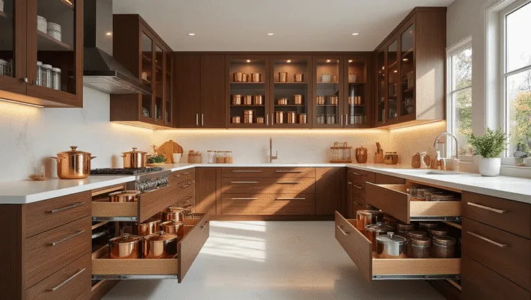 Photorealistic image of a luxurious modern kitchen with organized walnut cabinets featuring glass fronts, chrome pull-out trays, tiered spice racks, and bamboo dividers, all illuminated by warm golden hour sunlight and professional lighting.