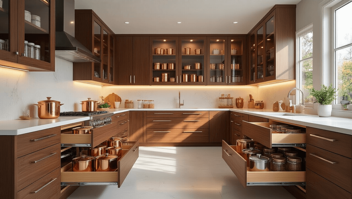 Photorealistic image of a luxurious modern kitchen with organized walnut cabinets featuring glass fronts, chrome pull-out trays, tiered spice racks, and bamboo dividers, all illuminated by warm golden hour sunlight and professional lighting.