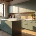 Photorealistic modern kitchen interior with sage green cabinets, brass hardware, quartz island, and Moroccan tile backsplash, illuminated by warm golden hour sunlight.