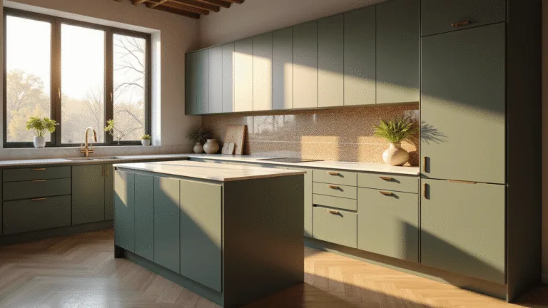 Photorealistic modern kitchen interior with sage green cabinets, brass hardware, quartz island, and Moroccan tile backsplash, illuminated by warm golden hour sunlight.