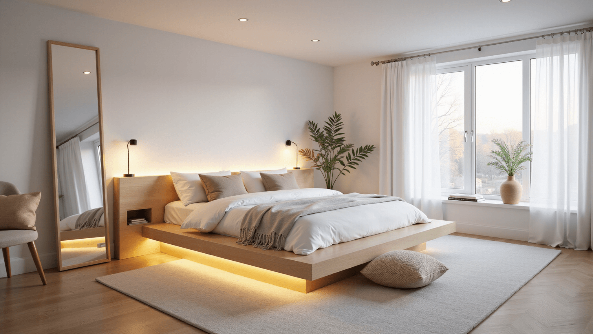 Photorealistic image of a bright Scandinavian basement bedroom featuring a low-profile wood platform bed with white linens, high-gloss white walls, layered lighting, a large mirror, minimal furnishings, and natural light from an egress window.