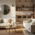 A sunlit modern one-bedroom apartment interior showcasing a cream linen loveseat, brass nesting coffee table, and a compact kitchen with white subway tiles, all styled with minimalist decor and layered lighting at golden hour.