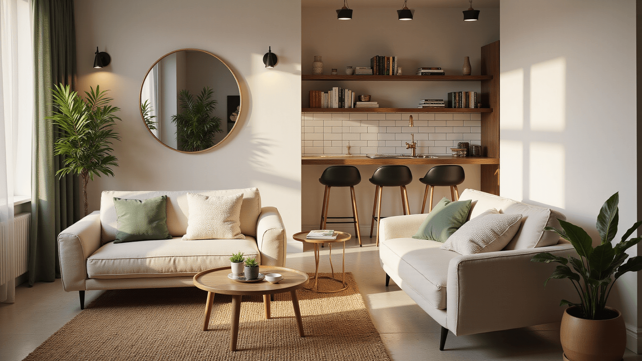 A sunlit modern one-bedroom apartment interior showcasing a cream linen loveseat, brass nesting coffee table, and a compact kitchen with white subway tiles, all styled with minimalist decor and layered lighting at golden hour.