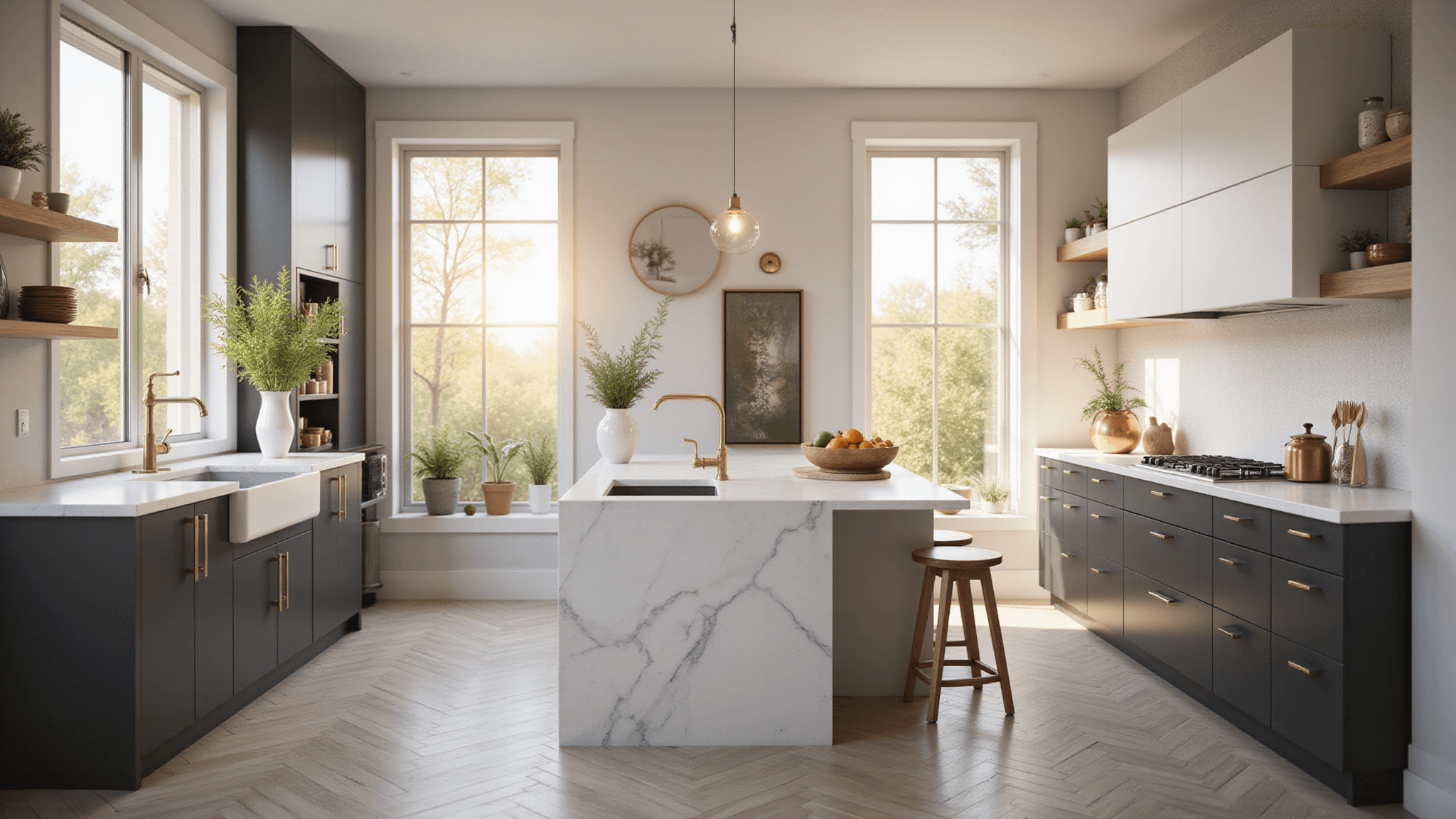 Photorealistic modern kitchen with two-tone charcoal gray and white cabinets, illuminated by golden morning sunlight through large windows, featuring a white quartz waterfall island, brushed gold hardware, herringbone flooring, and decorative accents.