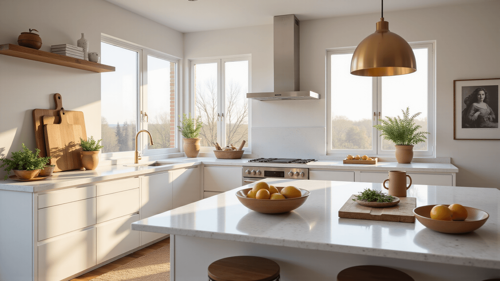 Hyperrealistic image of a modern sunlit kitchen featuring white shaker cabinets, a quartz island, natural light, and warm styling elements.