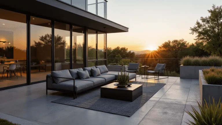 A luxurious modern patio at golden hour featuring a charcoal sectional, geometric metal chairs, architectural planters with succulents, and sleek glass railings, all enhanced by dramatic shadows and LED lighting.