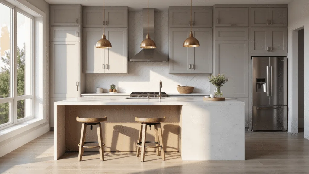 Light Taupe Kitchen Cabinets: The Ultimate Design Solution for Modern Homes Photorealistic modern kitchen featuring light taupe shaker cabinets, white quartz waterfall island, brass pendant lights, and floor-to-ceiling windows, basking in natural morning light.