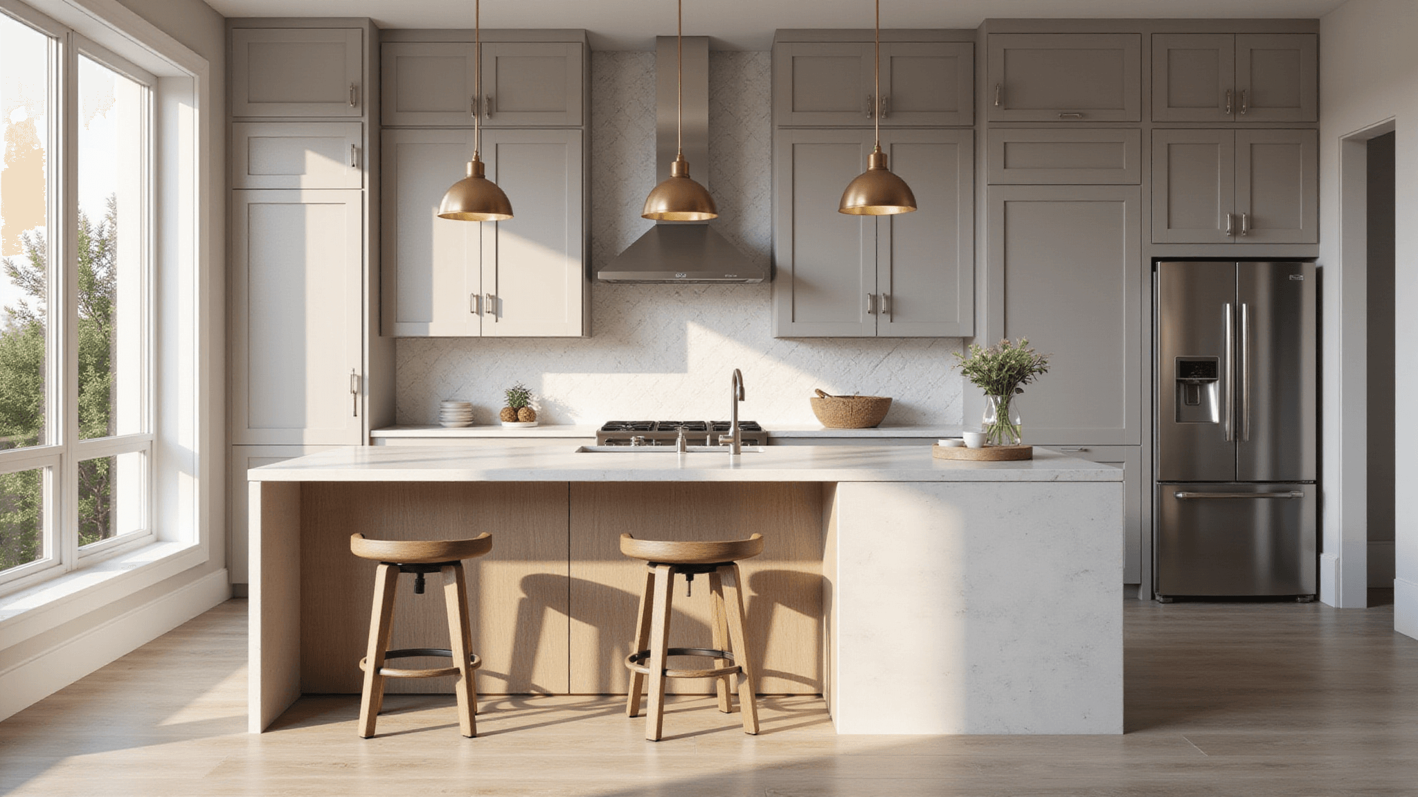 Photorealistic modern kitchen featuring light taupe shaker cabinets, white quartz waterfall island, brass pendant lights, and floor-to-ceiling windows, basking in natural morning light.
