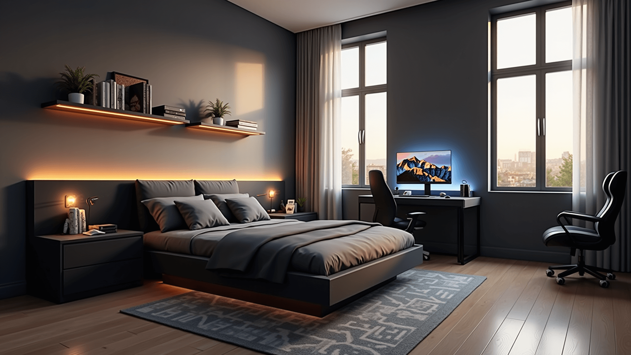 Cinematic wide-angle view of a modern teenage gaming bedroom featuring a sleek black platform bed, L-shaped gaming desk with dual monitors, and stylish decor, illuminated by golden hour light.