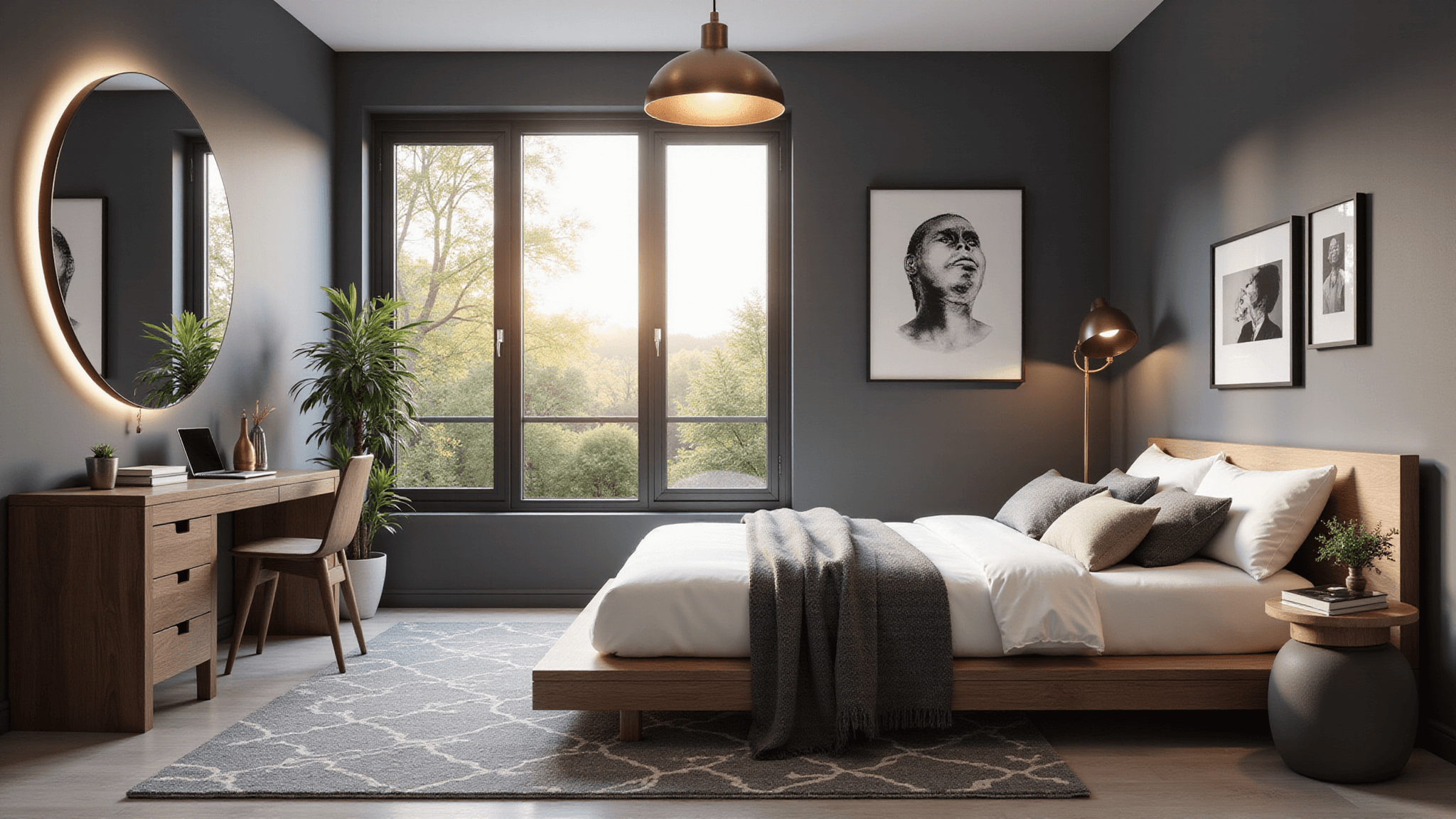 A modern minimalist teen bedroom featuring a platform bed with white linens, a floating walnut desk, and floor-to-ceiling windows, bathed in golden sunlight. The room includes monochromatic art, LED lighting, and a potted monstera plant, all set against matte charcoal walls and a geometric rug, captured in hyperrealistic detail.
