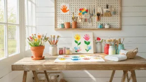 10 Heartwarming Mother's Day Handprint Crafts That'll Make Mom Melt A bright and inviting craft room with a rustic wooden table displaying colorful Mother's Day handprint projects, surrounded by neatly organized art supplies and a chalkboard sign reading "Mom's Little Helpers." Soft, warm lighting enhances the creative atmosphere.