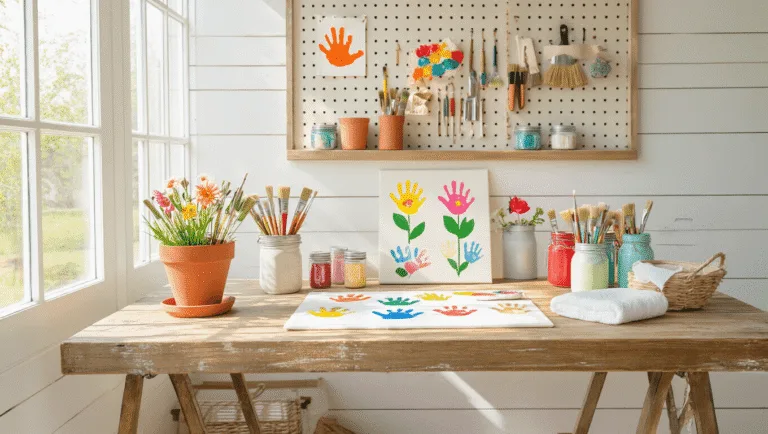 A bright and inviting craft room with a rustic wooden table displaying colorful Mother's Day handprint projects, surrounded by neatly organized art supplies and a chalkboard sign reading "Mom's Little Helpers." Soft, warm lighting enhances the creative atmosphere.