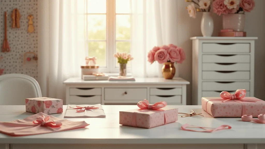 Bright, sunlit craft room showcasing a neatly organized gift wrapping workspace with luxurious pink and floral papers, satin ribbons, and crafting tools, highlighted by fresh pink peonies in a copper vase.