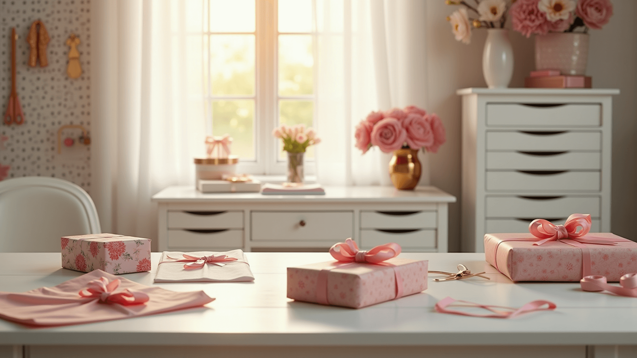 Bright, sunlit craft room showcasing a neatly organized gift wrapping workspace with luxurious pink and floral papers, satin ribbons, and crafting tools, highlighted by fresh pink peonies in a copper vase.