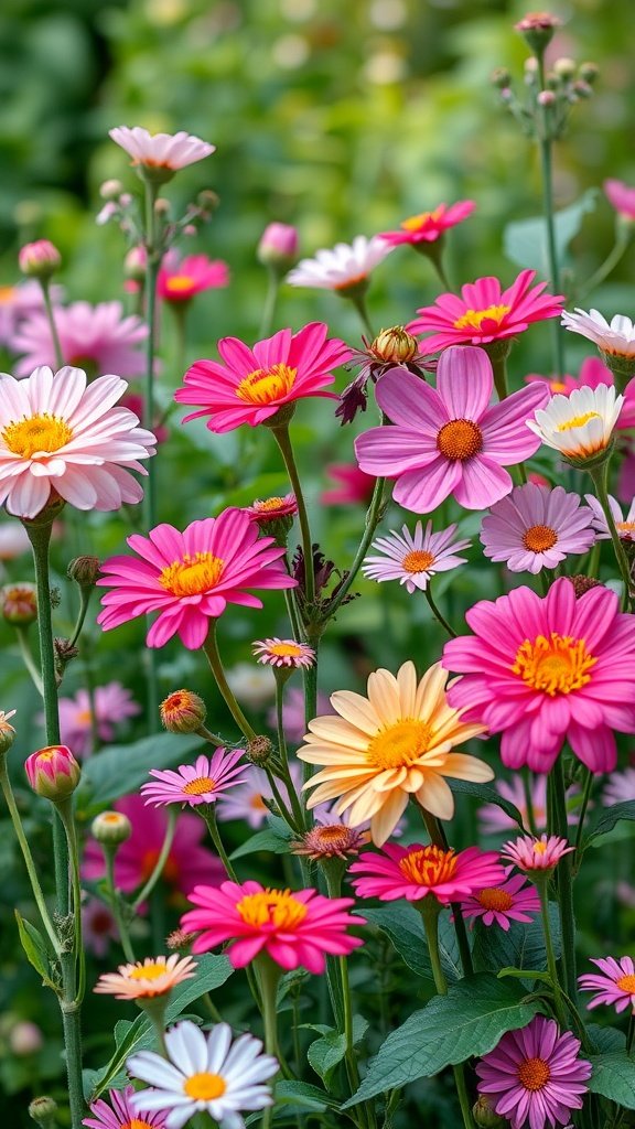 A vibrant display of pink, yellow, and white flowers in a garden setting.