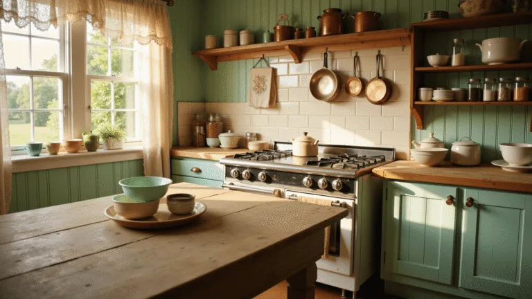 A sunlit farmhouse kitchen with mint green beadboard walls, a vintage white enamel stove, and a weathered oak island topped with pastel Pyrex bowls. Lace curtains filter warm light across butcher block counters, with mason jars and a rustic spice rack adding to the nostalgic ambiance. The image captures a cozy, inviting atmosphere, emphasizing warm colors and soft bokeh effects.