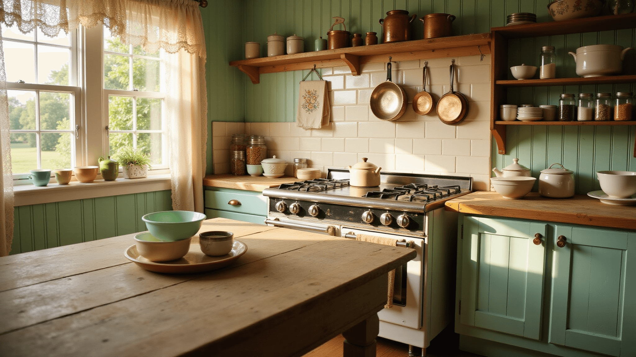 A sunlit farmhouse kitchen with mint green beadboard walls, a vintage white enamel stove, and a weathered oak island topped with pastel Pyrex bowls. Lace curtains filter warm light across butcher block counters, with mason jars and a rustic spice rack adding to the nostalgic ambiance. The image captures a cozy, inviting atmosphere, emphasizing warm colors and soft bokeh effects.