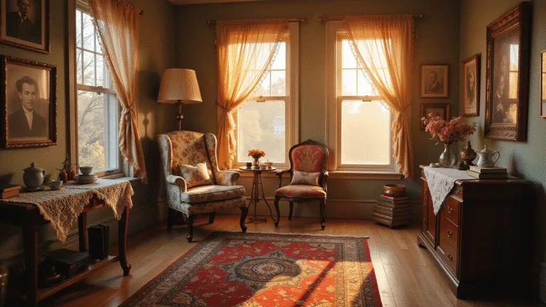 Photorealistic interior of a sunlit living room during golden hour, featuring a plush floral wingback chair, antique floor lamp, and rich Persian rug, with a gallery wall of sepia family photographs and vintage decor, creating a nostalgic atmosphere.