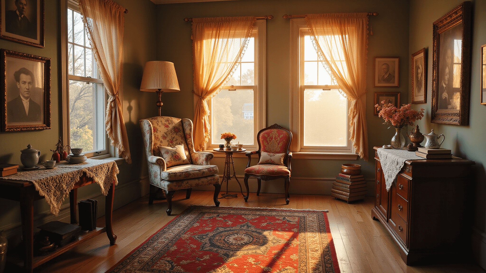 Photorealistic interior of a sunlit living room during golden hour, featuring a plush floral wingback chair, antique floor lamp, and rich Persian rug, with a gallery wall of sepia family photographs and vintage decor, creating a nostalgic atmosphere.