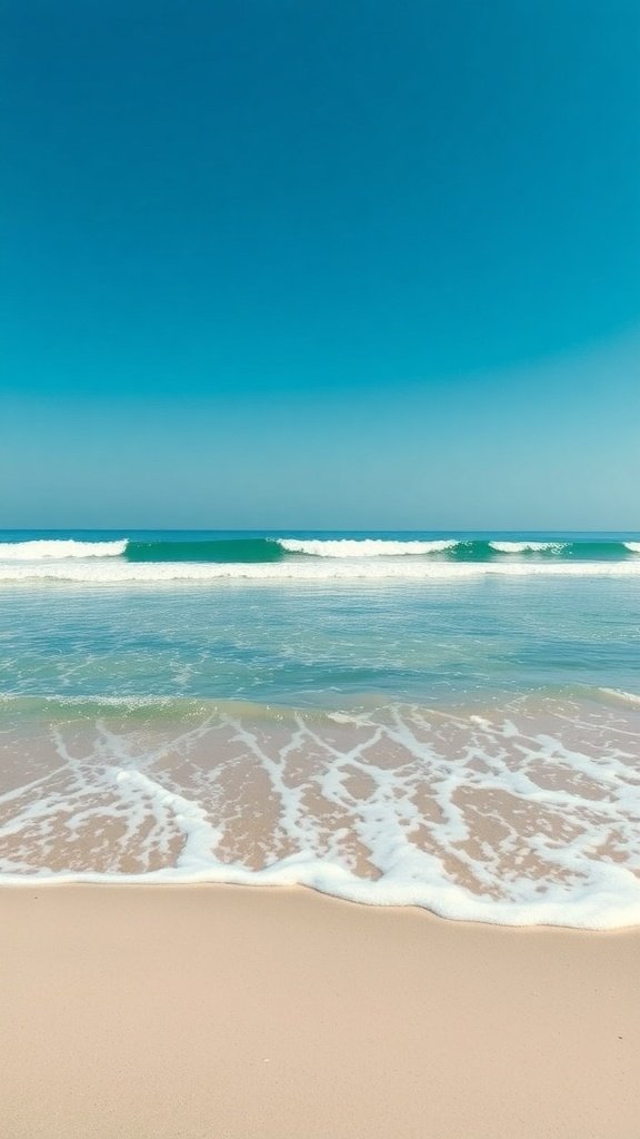 A serene beach scene with gentle ocean waves and a clear blue sky.