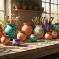 Photorealistic craft studio interior with a rustic wooden workbench, showcasing hand-painted terracotta pots in various artistic styles, surrounded by paint brushes and acrylic paints, illuminated by soft natural light streaming through large windows, highlighting intricate details and vibrant colors.