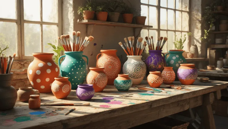 Photorealistic craft studio interior with a rustic wooden workbench, showcasing hand-painted terracotta pots in various artistic styles, surrounded by paint brushes and acrylic paints, illuminated by soft natural light streaming through large windows, highlighting intricate details and vibrant colors.