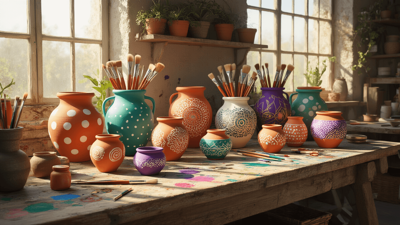 Photorealistic craft studio interior with a rustic wooden workbench, showcasing hand-painted terracotta pots in various artistic styles, surrounded by paint brushes and acrylic paints, illuminated by soft natural light streaming through large windows, highlighting intricate details and vibrant colors.
