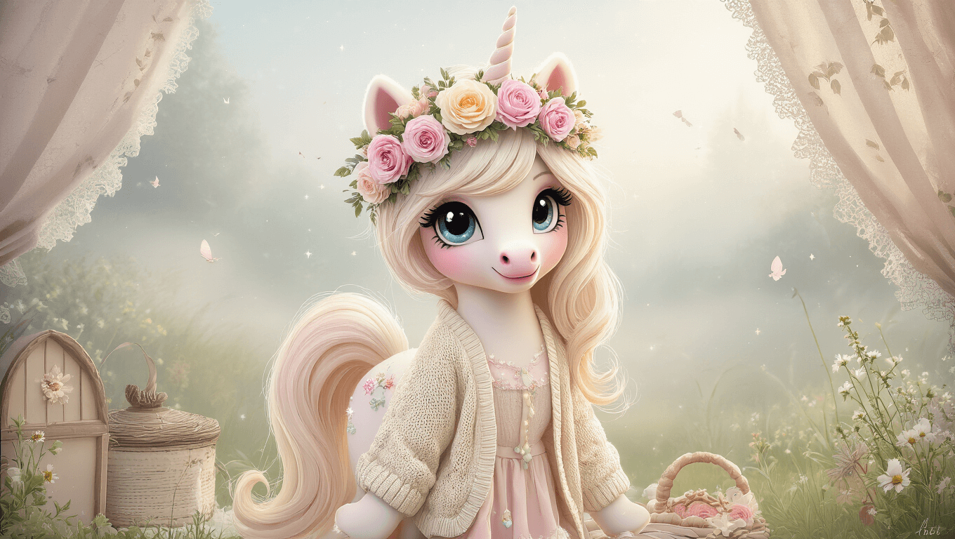 A dreamy digital illustration of a customized pony character adorned with a pastel floral crown and soft cottagecore accessories, set against a misty background illuminated by gentle morning light.
