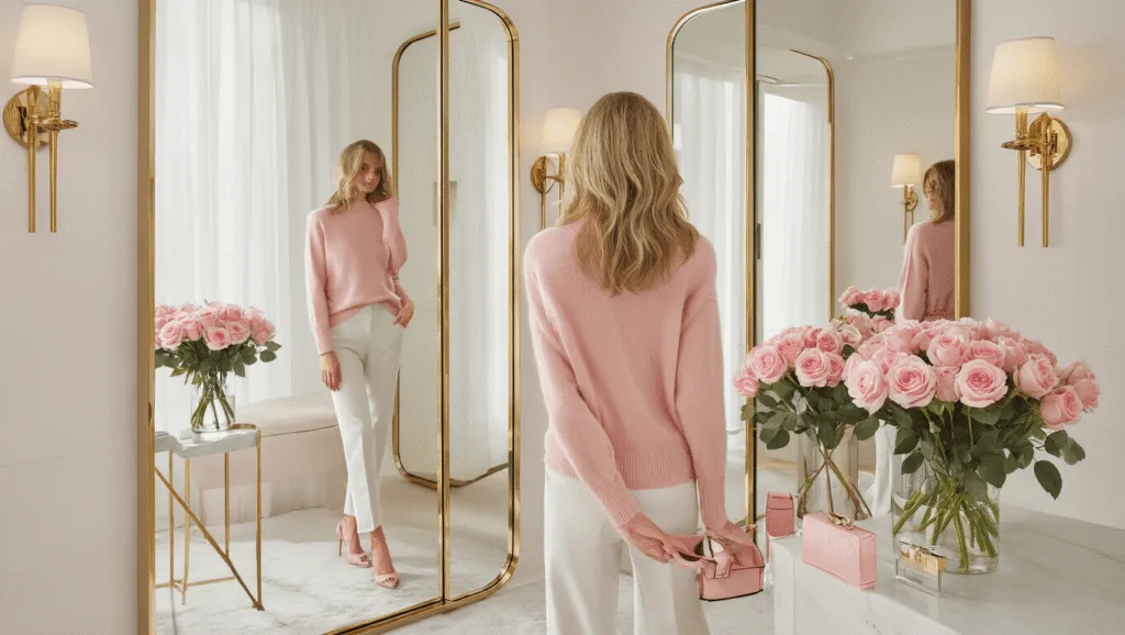 A woman in a blush cashmere sweater admires her reflection in a triple mirror within a minimalist dressing room adorned with white marble and brass fixtures, complemented by pink roses and sunlight streaming through the space.