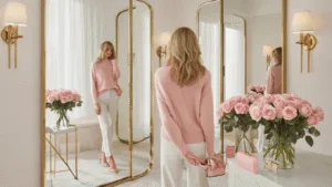 Pretty in Pink: Your Ultimate Guide to Rocking Pink Outfits (Like, Actually Wear Them!) A woman in a blush cashmere sweater admires her reflection in a triple mirror within a minimalist dressing room adorned with white marble and brass fixtures, complemented by pink roses and sunlight streaming through the space.