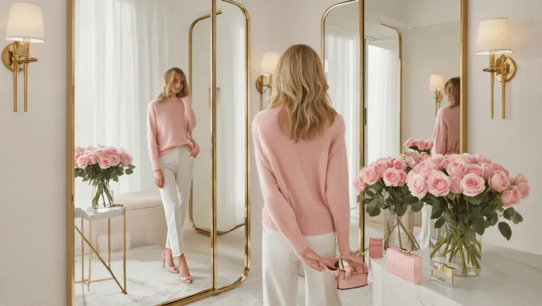 A woman in a blush cashmere sweater admires her reflection in a triple mirror within a minimalist dressing room adorned with white marble and brass fixtures, complemented by pink roses and sunlight streaming through the space.