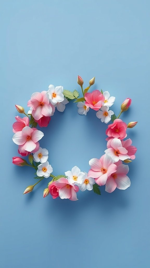 A circular wreath made of pink and white flowers on a blue background.