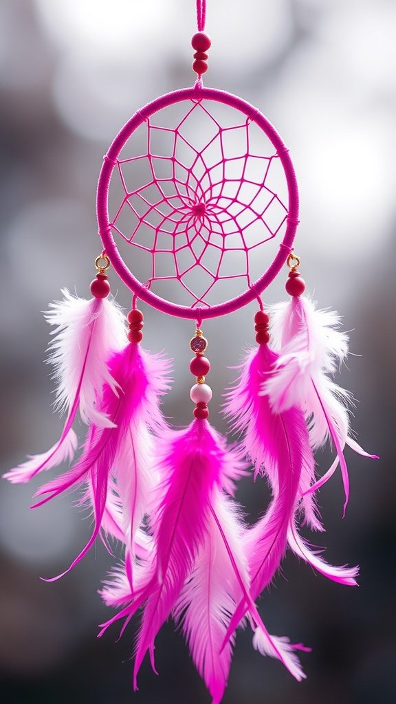 A vibrant pink dreamcatcher with feathers hanging from it.