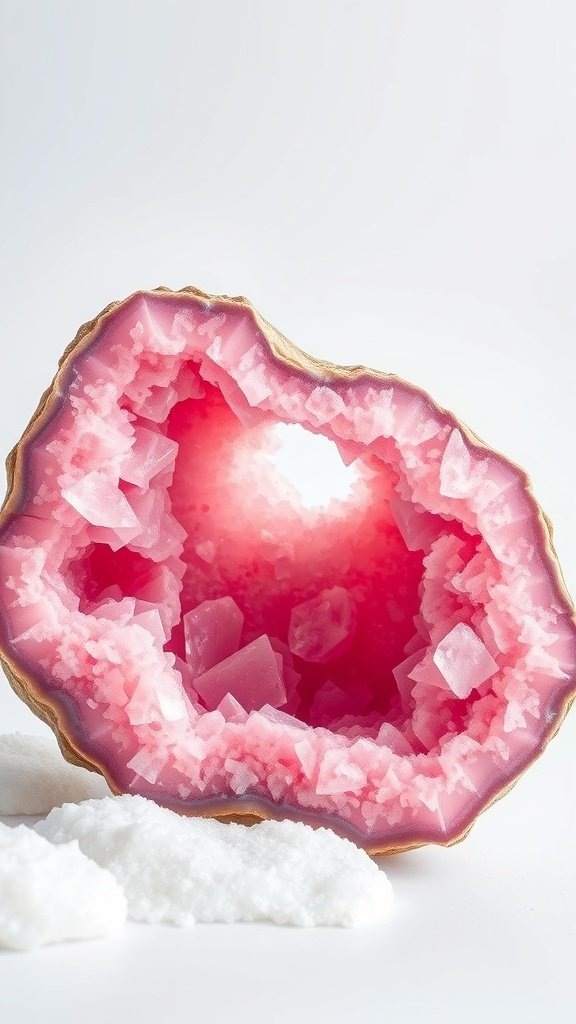 A pink geode with crystalline formations inside, showcasing vibrant pink hues.