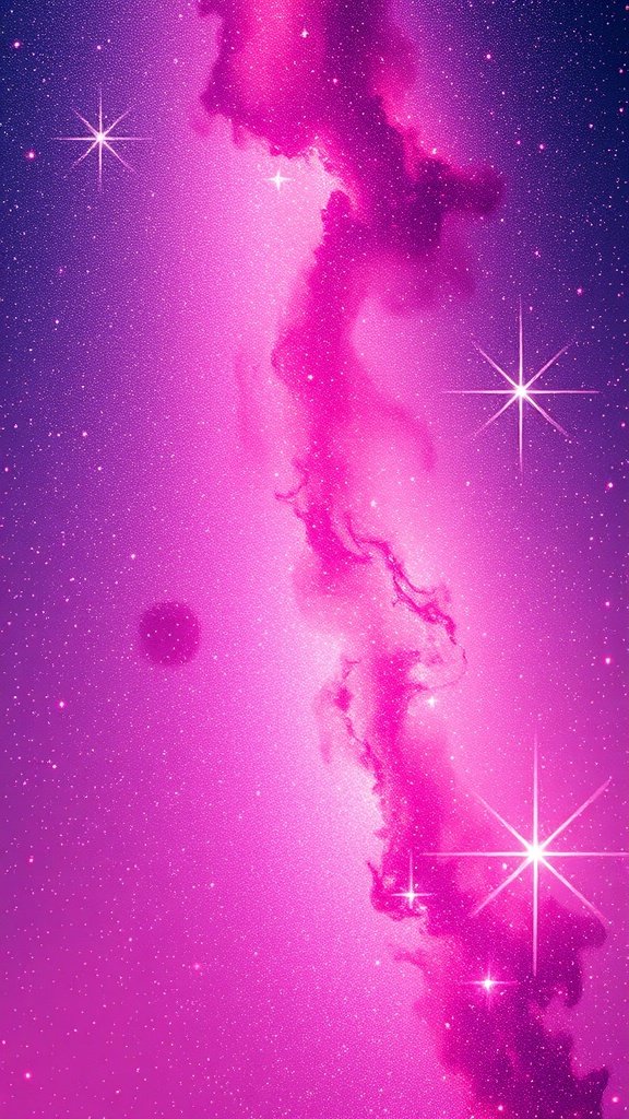 A vibrant pink galaxy with stars and glittering effects