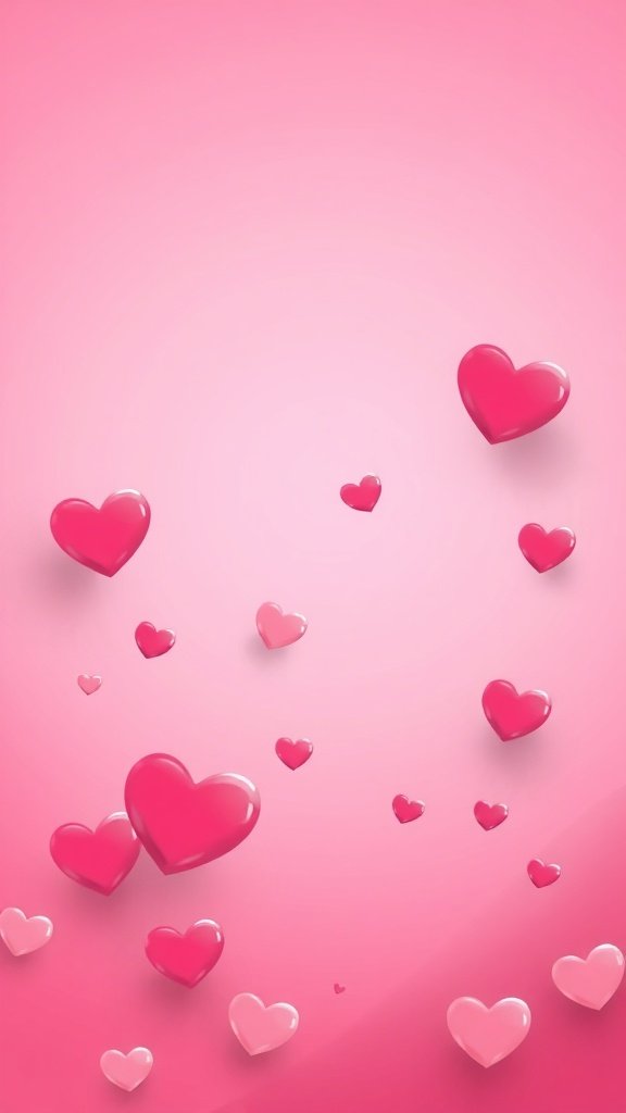 A pink ombre background with floating hearts in various shades of pink.