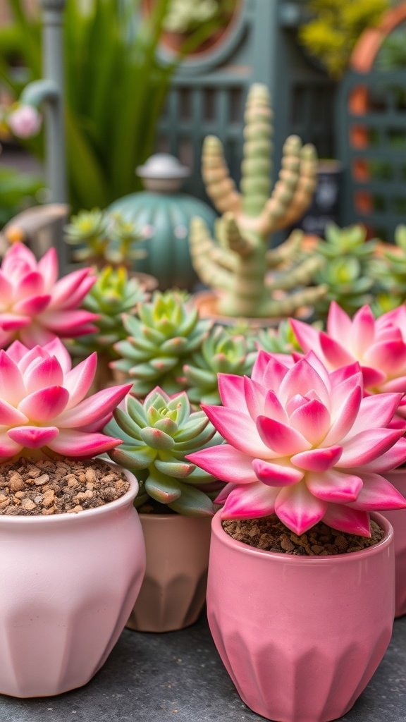 A collection of pink succulent plants in decorative pots