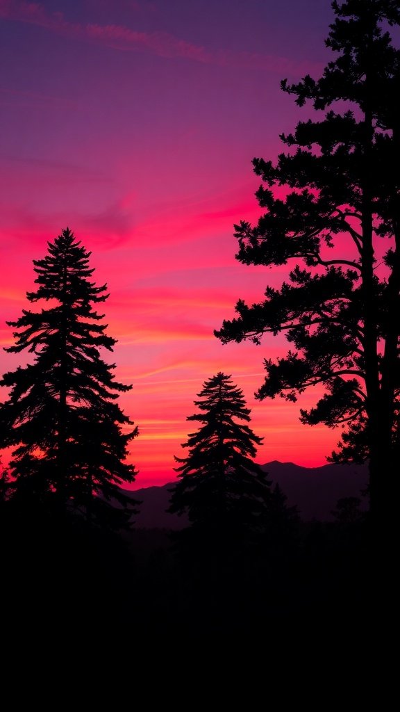 A beautiful pink sunset with silhouetted trees