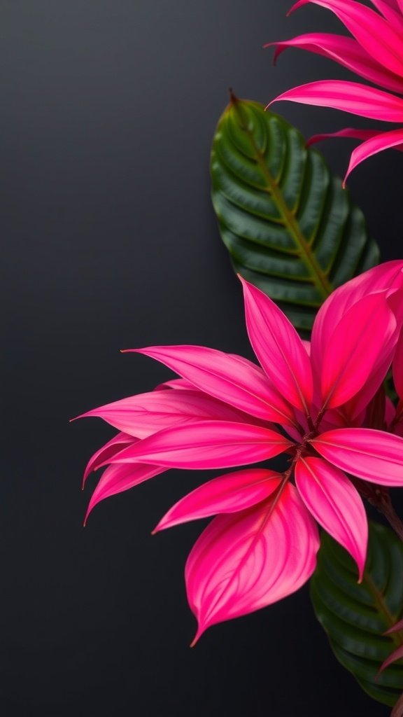 Close-up of vibrant pink tropical leaves against a dark background.