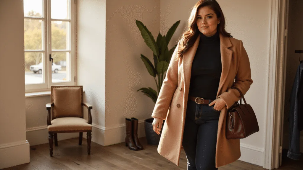 Plus-size model in a luxurious camel wool-blend coat, black turtleneck, and dark-wash jeans in a sunlit modern dressing room, with warm golden hour lighting.