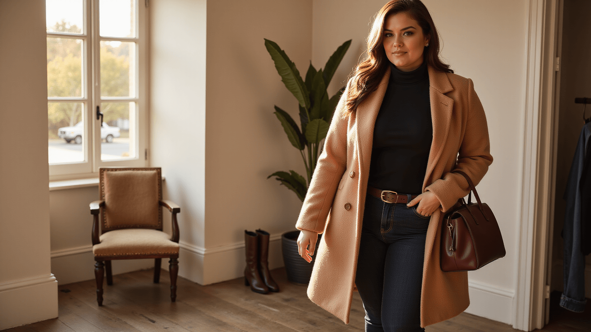 Plus-size model in a luxurious camel wool-blend coat, black turtleneck, and dark-wash jeans in a sunlit modern dressing room, with warm golden hour lighting.