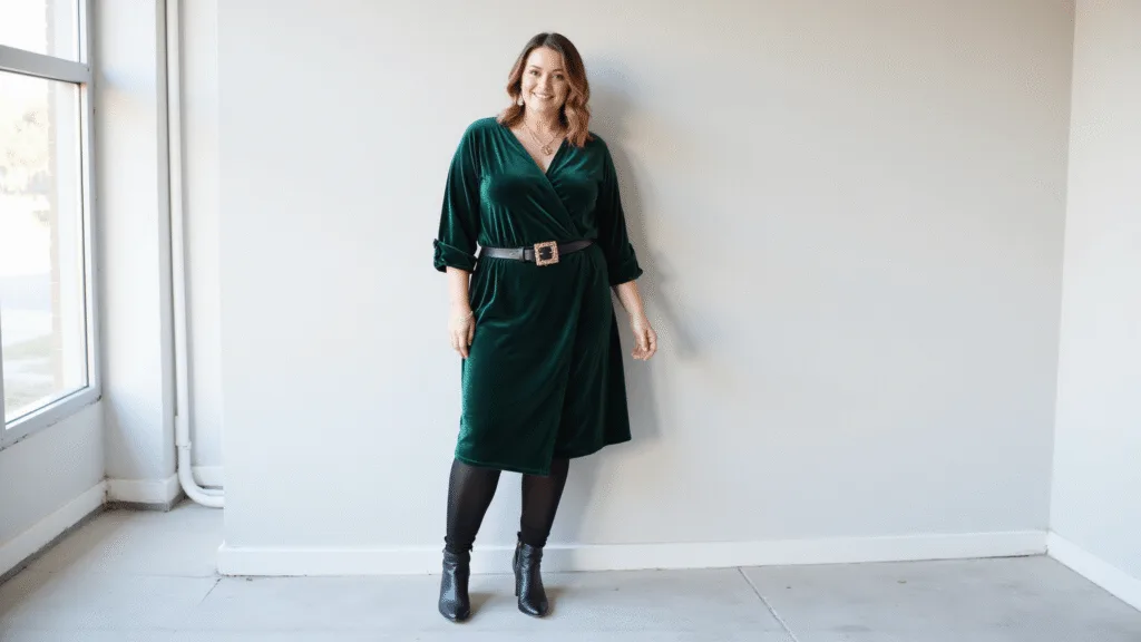 Plus-size model in an emerald velvet wrap dress styled with black fleece-lined tights, knee-high leather boots, a gold statement belt, and delicate gold jewelry against a minimalist backdrop, showcasing an elegant winter formal look.