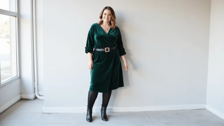 Plus-size model in an emerald velvet wrap dress styled with black fleece-lined tights, knee-high leather boots, a gold statement belt, and delicate gold jewelry against a minimalist backdrop, showcasing an elegant winter formal look.